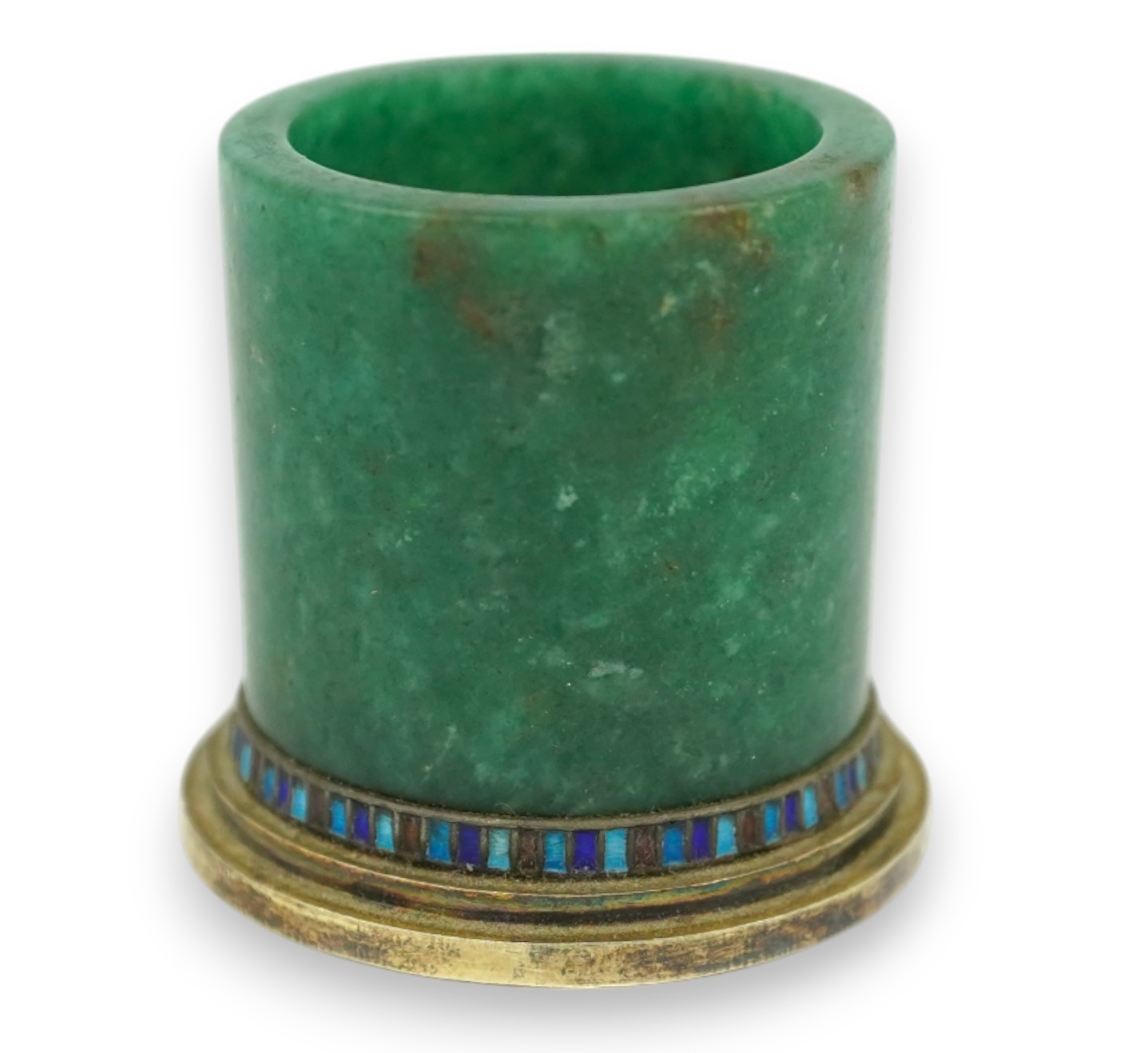 A gilt white metal and enamel mounted nephrite small vase, stamped 'silver', height 44mm. Condition - fair to good